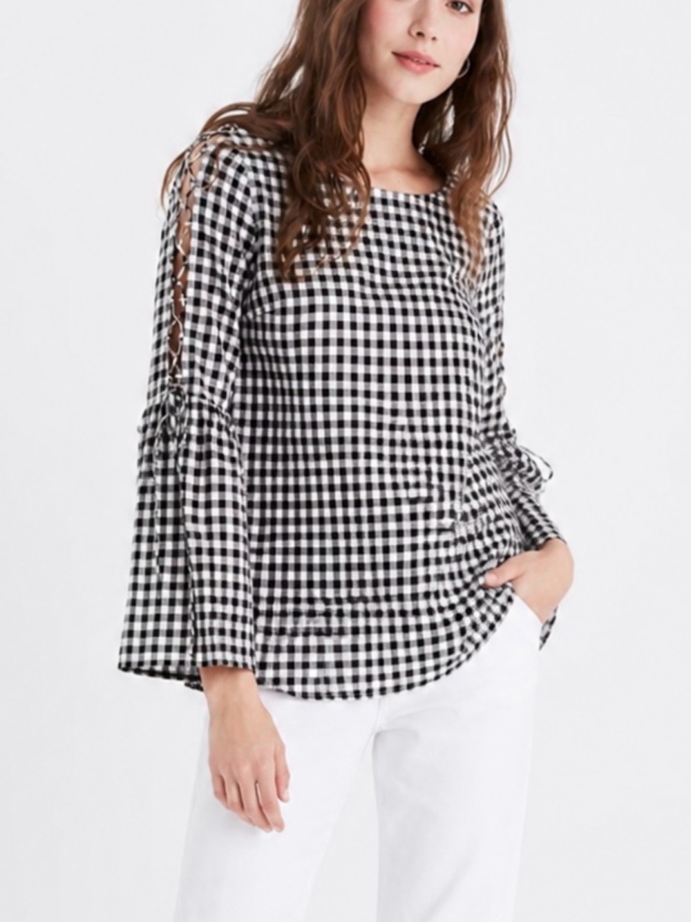 MADEWELL Gingham Lace-up Bell Sleeve Top size M